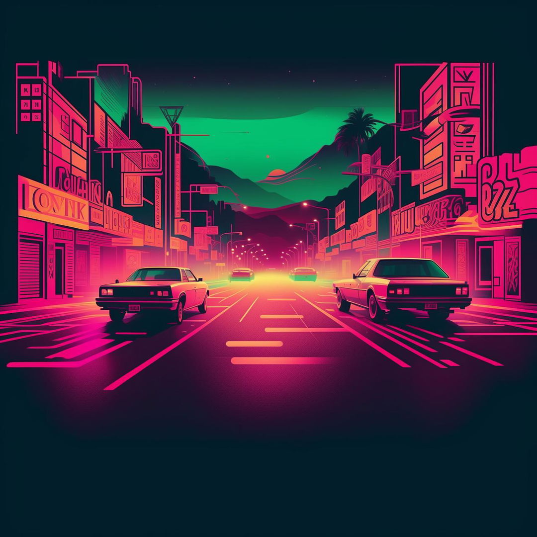 A nostalgic phonk ambient wave landscape bathed in soft, warm colors. Streets illuminated by neon lights, old-school cars, vinyl records, and hints of jazz motifs scattered throughout.