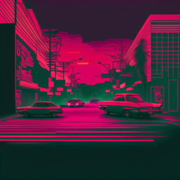 A nostalgic phonk ambient wave landscape bathed in soft, warm colors. Streets illuminated by neon lights, old-school cars, vinyl records, and hints of jazz motifs scattered throughout.