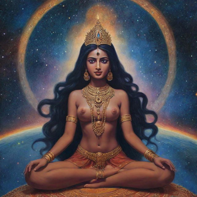 A serene portrayal of Goddess Kali in deep meditation along with Shiva, set in a cosmic scenery filled with galaxies, stars, monks, and a UFO subtly present in the background.