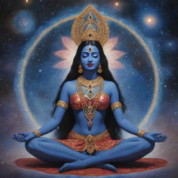 A serene portrayal of Goddess Kali in deep meditation along with Shiva, set in a cosmic scenery filled with galaxies, stars, monks, and a UFO subtly present in the background.