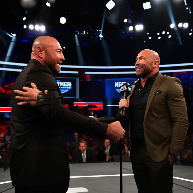 A face-off between Alex Jones and Joe Rogan in a grandiose debate stage. Under dramatic lighting, both stand at their podiums, microphones in hand, ready to engage in a verbal duel.