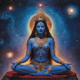 A serene portrayal of Goddess Kali in deep meditation along with Shiva, set in a cosmic scenery filled with galaxies, stars, monks, and a UFO subtly present in the background.