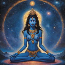 A serene portrayal of Goddess Kali in deep meditation along with Shiva, set in a cosmic scenery filled with galaxies, stars, monks, and a UFO subtly present in the background.