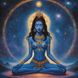 A serene portrayal of Goddess Kali in deep meditation along with Shiva, set in a cosmic scenery filled with galaxies, stars, monks, and a UFO subtly present in the background.