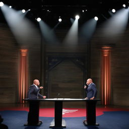 A face-off between Alex Jones and Joe Rogan in a grandiose debate stage. Under dramatic lighting, both stand at their podiums, microphones in hand, ready to engage in a verbal duel.