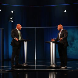 A face-off between Alex Jones and Joe Rogan in a grandiose debate stage. Under dramatic lighting, both stand at their podiums, microphones in hand, ready to engage in a verbal duel.