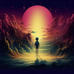 A nostalgic phonk ambient wave landscape surrounding the god child of the universe at the center