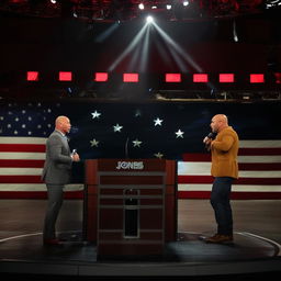 A face-off between Alex Jones and Joe Rogan in a grandiose debate stage. Under dramatic lighting, both stand at their podiums, microphones in hand, ready to engage in a verbal duel.