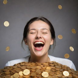 Depiction of happiness and wealth, symbolized with jubilant facial expressions and piles of golden coins.