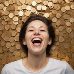 Depiction of happiness and wealth, symbolized with jubilant facial expressions and piles of golden coins.