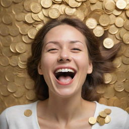 Depiction of happiness and wealth, symbolized with jubilant facial expressions and piles of golden coins.