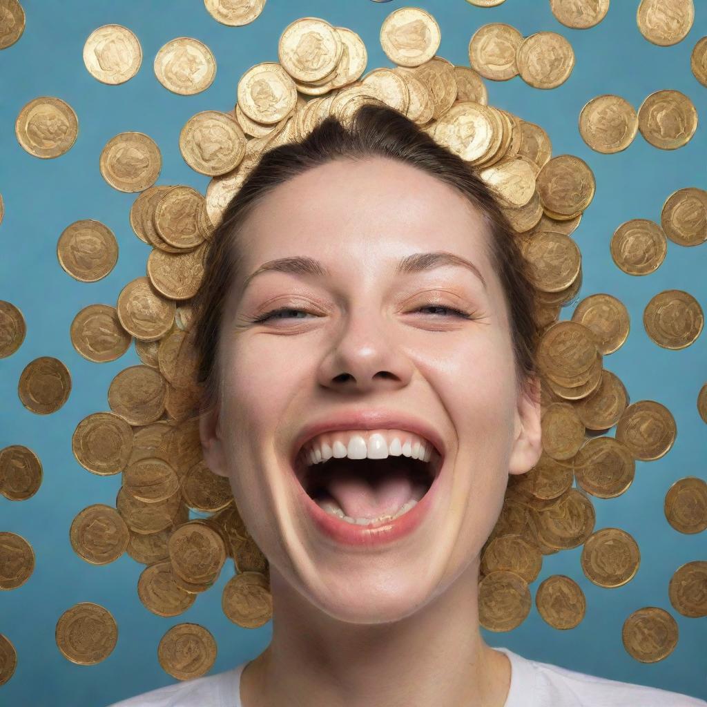 Depiction of happiness and wealth, symbolized with jubilant facial expressions and piles of golden coins.