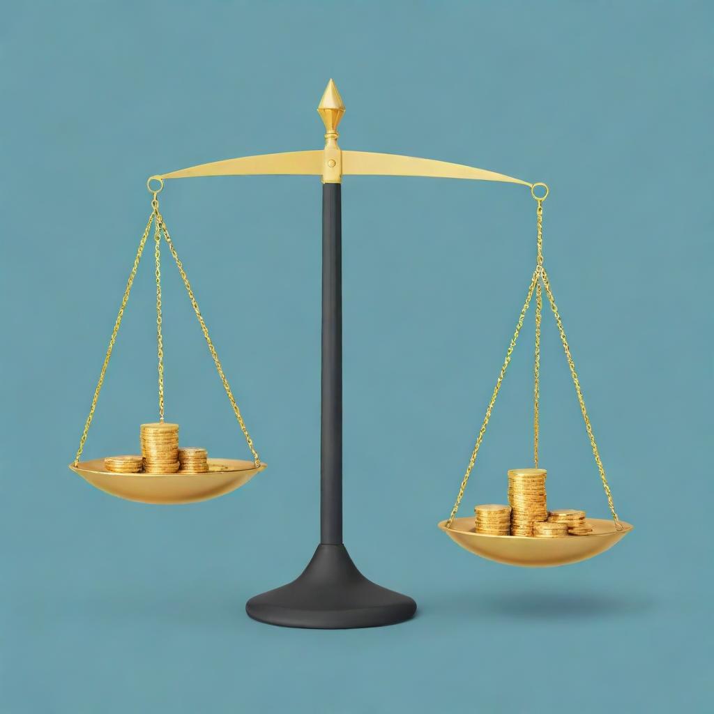 Illustration of the relationship between happiness and money, using a balance scale. One side has symbols of joy and the other overflowing with coins.