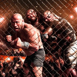 An imagined scenario of Alex Jones and Joe Rogan in a one-on-one mixed martial arts battle. They stand in an MMA cage, both in fight gear, under glaring lights and the anticipatory gaze of a roaring crowd.