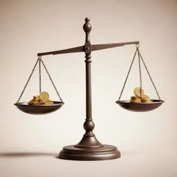 Illustration of the relationship between happiness and money, using a balance scale. One side has symbols of joy and the other overflowing with coins.