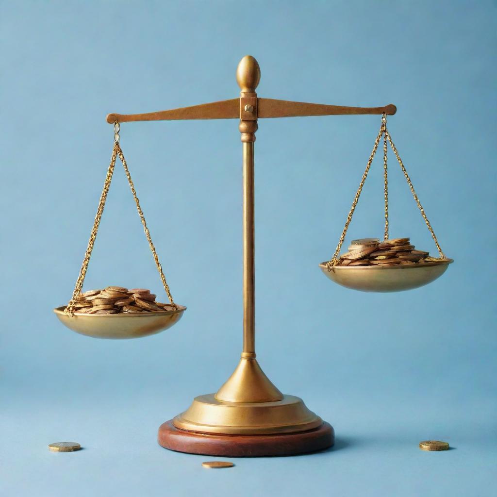 Illustration of the relationship between happiness and money, using a balance scale. One side has symbols of joy and the other overflowing with coins.