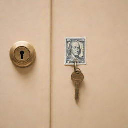 Visual metaphor showing money as a key unlocking a door labeled with a smiling face symbol, representing happiness.