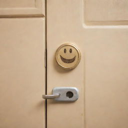 Visual metaphor showing money as a key unlocking a door labeled with a smiling face symbol, representing happiness.