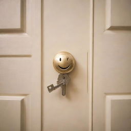 Visual metaphor showing money as a key unlocking a door labeled with a smiling face symbol, representing happiness.