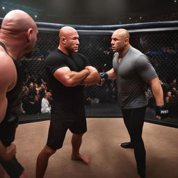 An imagined scenario of Alex Jones and Joe Rogan in a one-on-one mixed martial arts battle. They stand in an MMA cage, both in fight gear, under glaring lights and the anticipatory gaze of a roaring crowd.