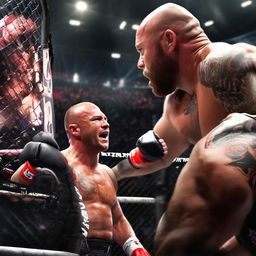 An imagined scenario of Alex Jones and Joe Rogan in a one-on-one mixed martial arts battle. They stand in an MMA cage, both in fight gear, under glaring lights and the anticipatory gaze of a roaring crowd.