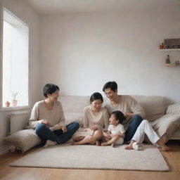 A cheerful, minimalist representation of a poor family, laughing and playing together in a humble but cozy home.