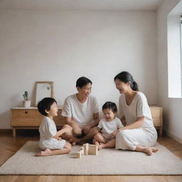 A cheerful, minimalist representation of a poor family, laughing and playing together in a humble but cozy home.