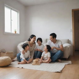 A cheerful, minimalist representation of a poor family, laughing and playing together in a humble but cozy home.