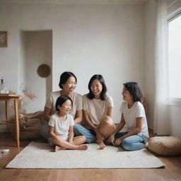 A cheerful, minimalist representation of a poor family, laughing and playing together in a humble but cozy home.