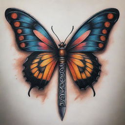 A striking tattoo design merging the elements of a butterfly and a sword intricately.