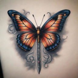 A striking tattoo design merging the elements of a butterfly and a sword intricately.