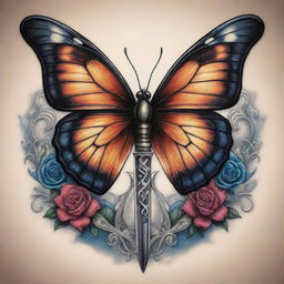 A striking tattoo design merging the elements of a butterfly and a sword intricately.