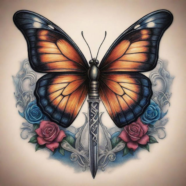 A striking tattoo design merging the elements of a butterfly and a sword intricately.