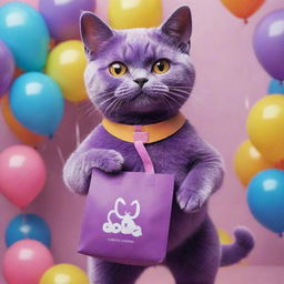 A striking artwork of a purple cat, adorably holding a bag branded with the Solana logo, enjoying itself at a vibrant, colorful party.