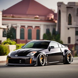 A sleek Nissan 350z customized with a cutting-edge body kit that accentuates its aerodynamic curves. It sports phat, oversized rims creating a low-profile, powerful stance on an urban street.