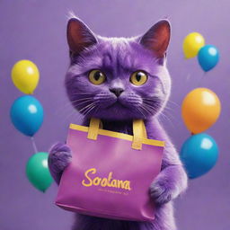 A striking artwork of a purple cat, adorably holding a bag branded with the Solana logo, enjoying itself at a vibrant, colorful party.