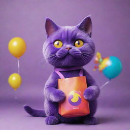 A striking artwork of a purple cat, adorably holding a bag branded with the Solana logo, enjoying itself at a vibrant, colorful party.