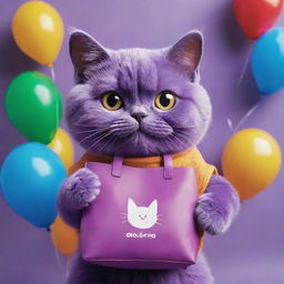 A striking artwork of a purple cat, adorably holding a bag branded with the Solana logo, enjoying itself at a vibrant, colorful party.