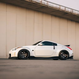 A sleek Nissan 350z customized with a cutting-edge body kit that accentuates its aerodynamic curves. It sports phat, oversized rims creating a low-profile, powerful stance on an urban street.