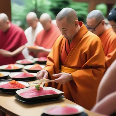 During the ceremonial feast, the monks served sashimi to symbolize purity and spiritual cleansing.