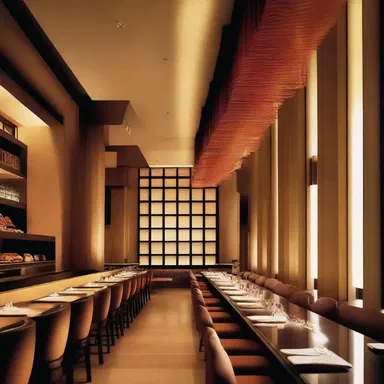 The upscale Japanese restaurant had a sushi bar with an architectural design inspired by traditional sashimi preparation.