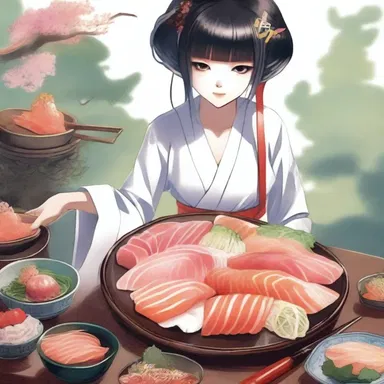 In the magical land of Zyon, the enchantress conjured a platter of sashimi from thin air, satisfying the hunger of the weary travelers.