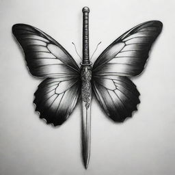 A black and white tattoo design uniquely combining a headless butterfly and a sword