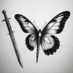 A black and white tattoo design uniquely combining a headless butterfly and a sword