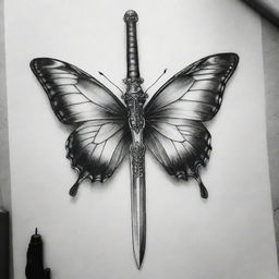 A black and white tattoo design uniquely combining a headless butterfly and a sword