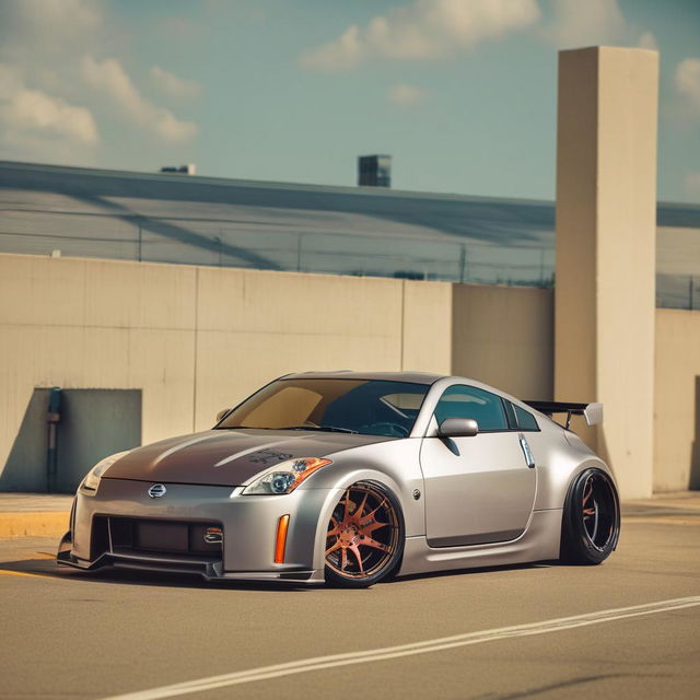 A sleek Nissan 350z customized with a cutting-edge body kit that accentuates its aerodynamic curves. It sports phat, oversized rims creating a low-profile, powerful stance on an urban street.