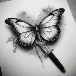 A black and white tattoo design uniquely combining a headless butterfly and a sword