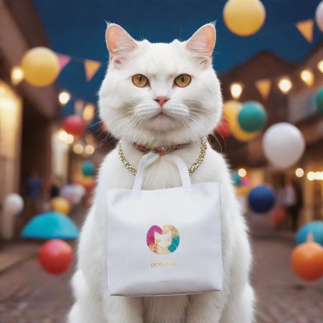 Artistic scene of a white cat, styled like a 'meow', holding a bag embellished with the Solana logo, amidst a vibrant party atmosphere.