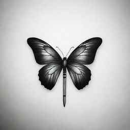 A minimalistic tattoo design in black and white, featuring a headless butterfly elegantly merged with a narrow sword