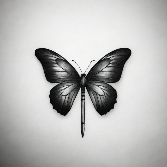 A minimalistic tattoo design in black and white, featuring a headless butterfly elegantly merged with a narrow sword